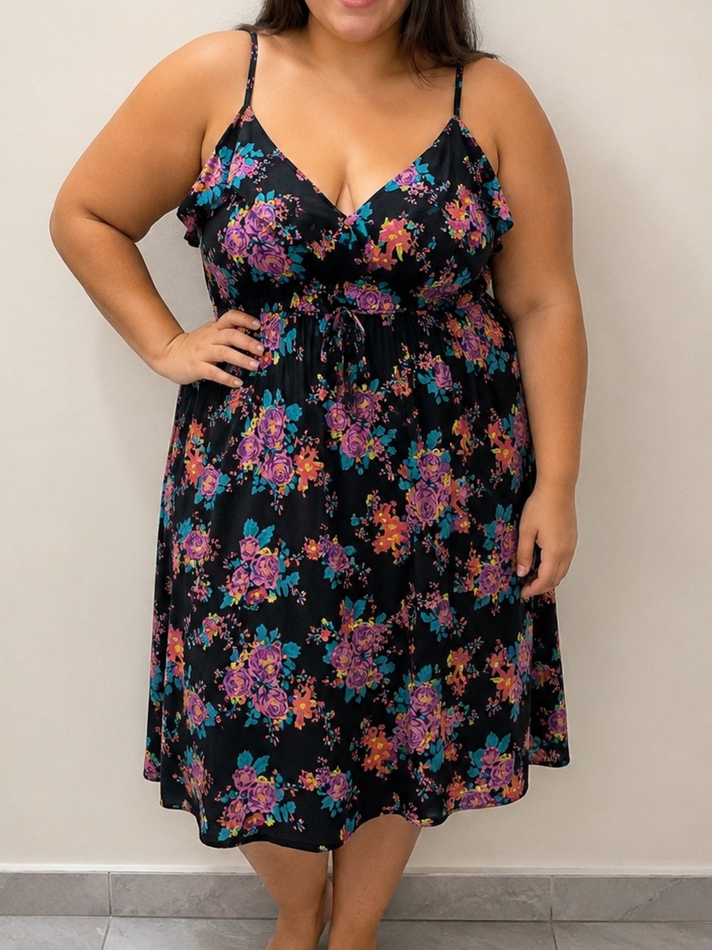 Torrid Size 3 Dress Black Bright Floral Spaghetti Strap Ruffle Neck Sheath Dress